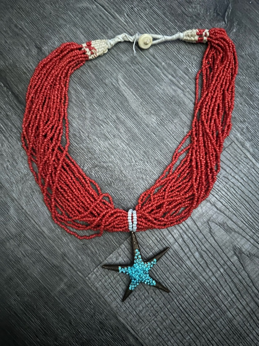 Handcrafted Red coral Beaded Necklace with Turquoise Starfish Pendant